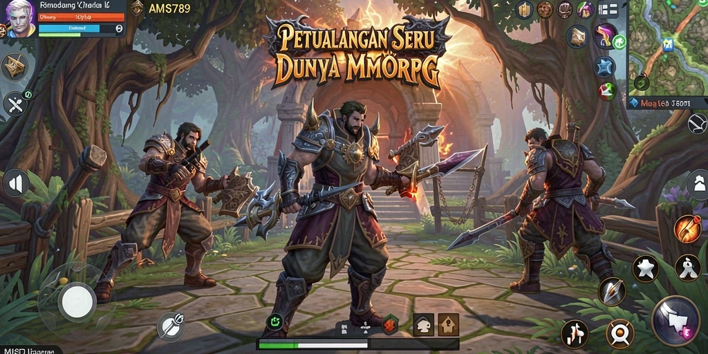 Screenshot gameplay AMS789 menampilkan pertempuran epik di dunia MMORPG.