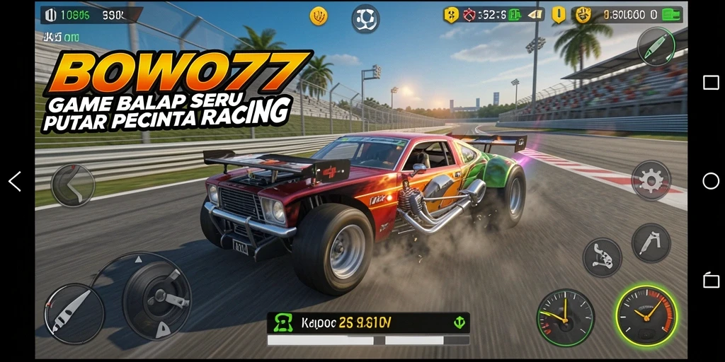 Gameplay BOWO77 menampilkan balapan mobil yang penuh adrenalin dan seru.