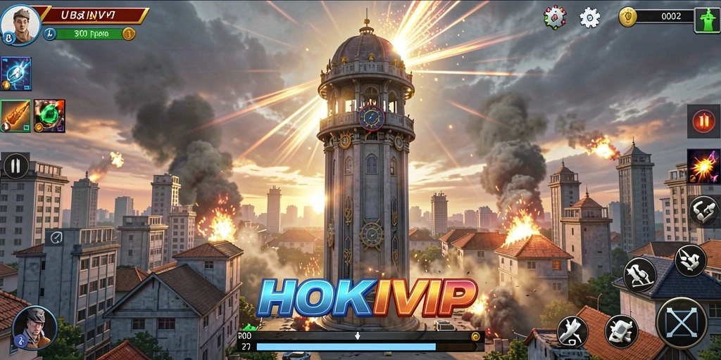 Screenshot HOKIVIP menampilkan pertarungan seru dengan menara dan musuh.