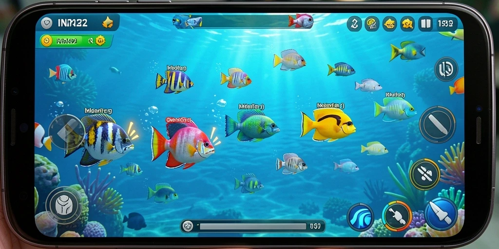 Tampilan gameplay menarik dalam IN22 saat menembak ikan berwarna-warni.