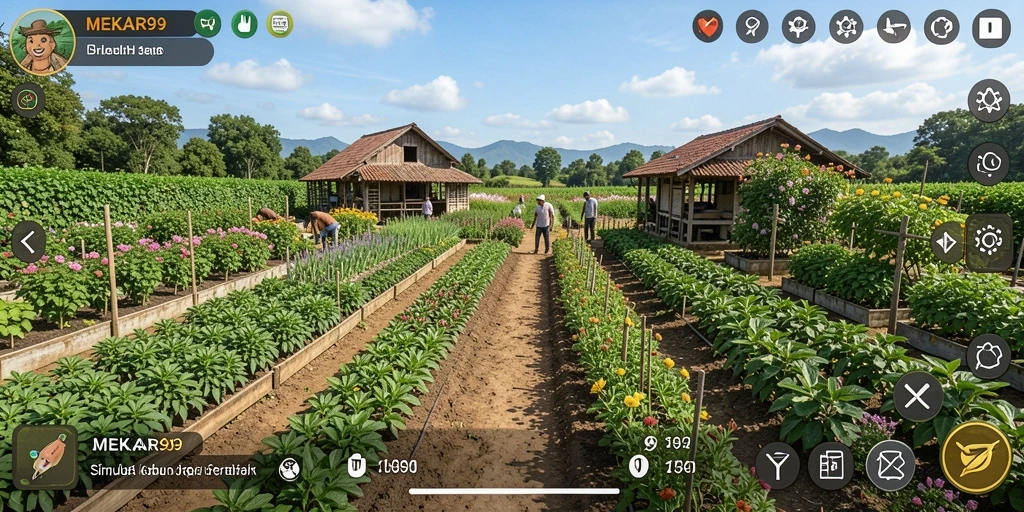 Tampilan screenshot gameplay <strong>MEKAR99</strong> yang menampilkan aktivitas bertani.