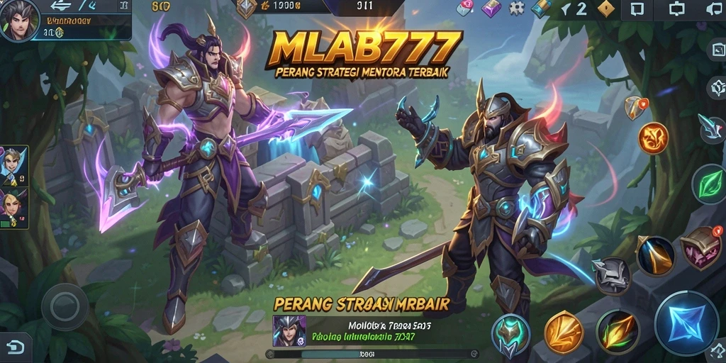 Tangkapan layar gameplay <strong>MLBB777</strong> yang menampilkan menara pertahanan melawan musuh.