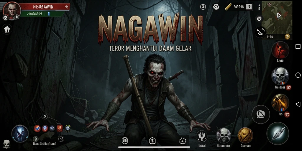 Tampilan gameplay menegangkan di NAGAWIN yang penuh dengan kegelapan.