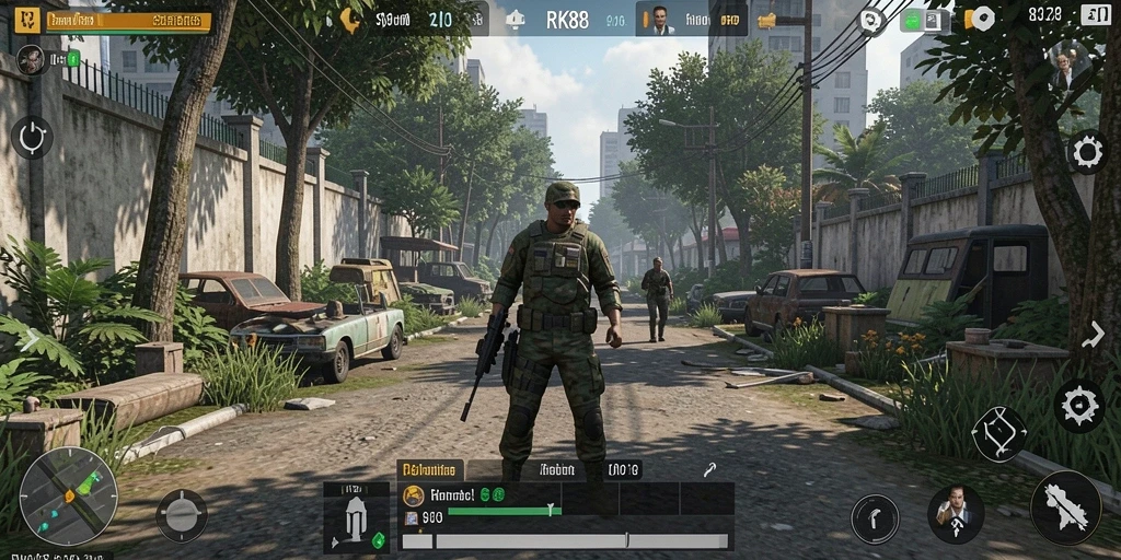 Screenshot menampilkan gameplay RK88 dengan karakter yang berinteraksi dalam lingkungan realistis.
