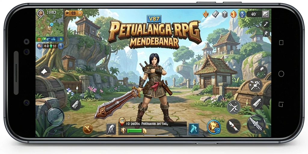 Screenshot V87 menunjukkan pertempuran RPG yang intens dan grafis memukau.