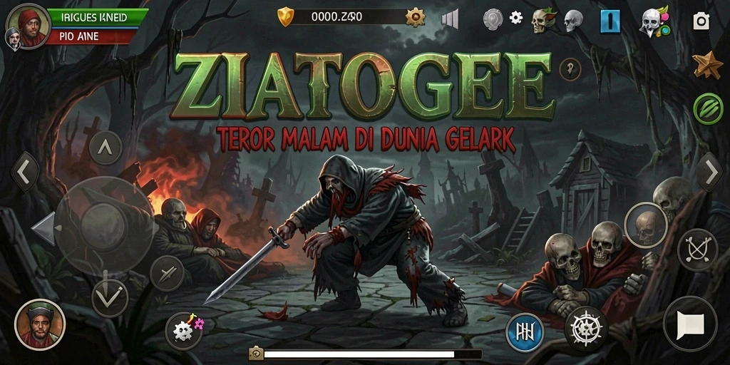 Screenshot gameplay ZIATOGEL menampilkan suasana kegelapan dan teror yang mendalam.